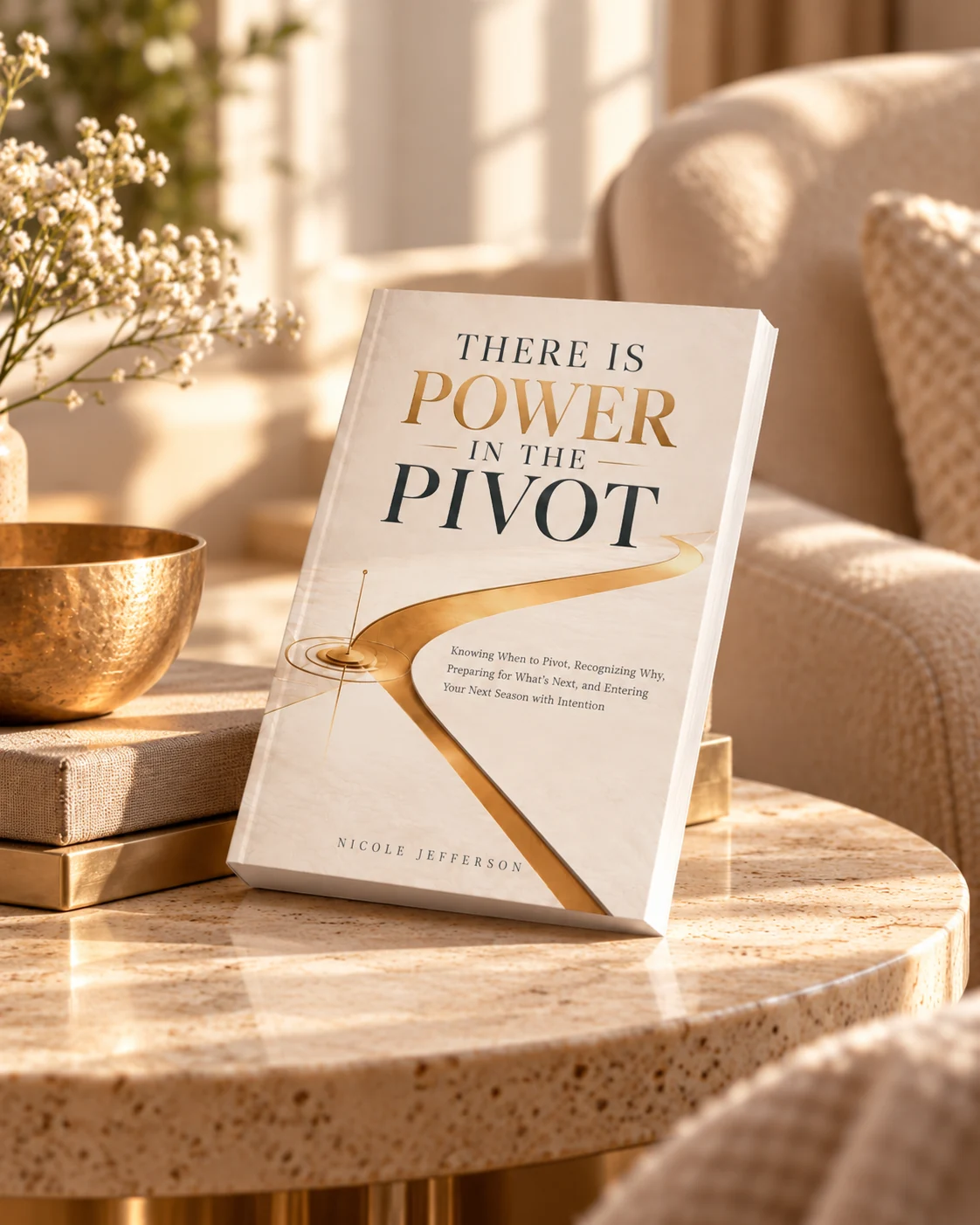 The Pivot book displayed on a warm stone coffee table
